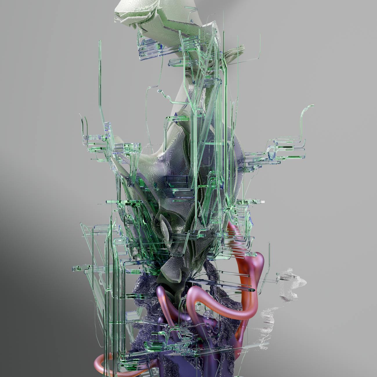 A futuristic 3D abstract digital structure with vibrant colors and complex geometry.